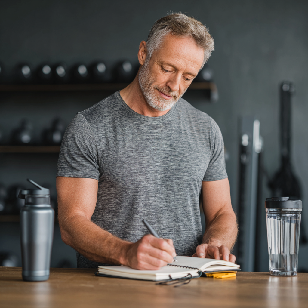 Middle-aged man planning fitness routine with notebook