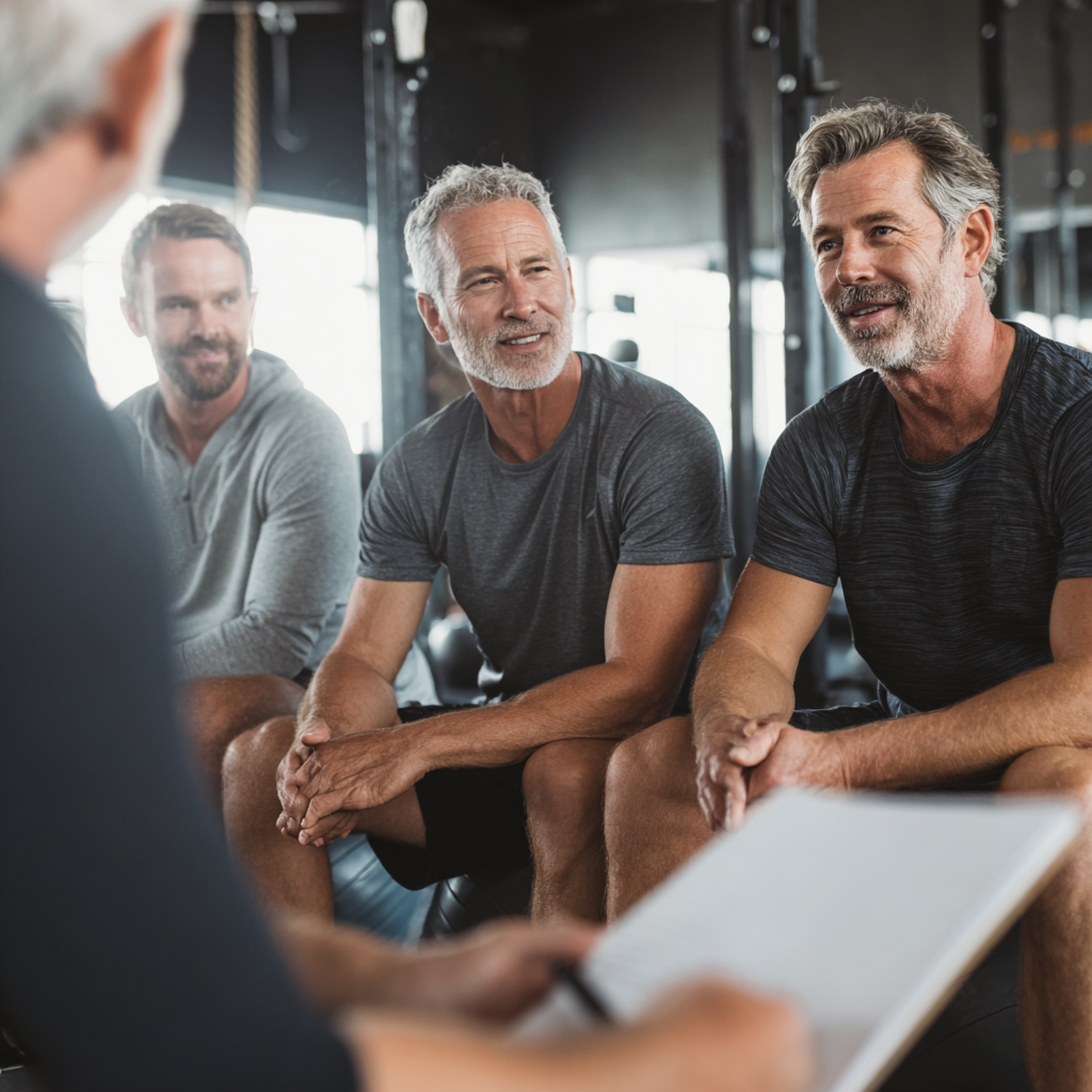 Middle-aged men discussing fitness goals in supportive group setting